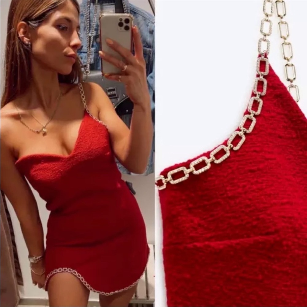New Zara Chain Trim Asymmetric Mini Dress Red - Picture 11 of 15